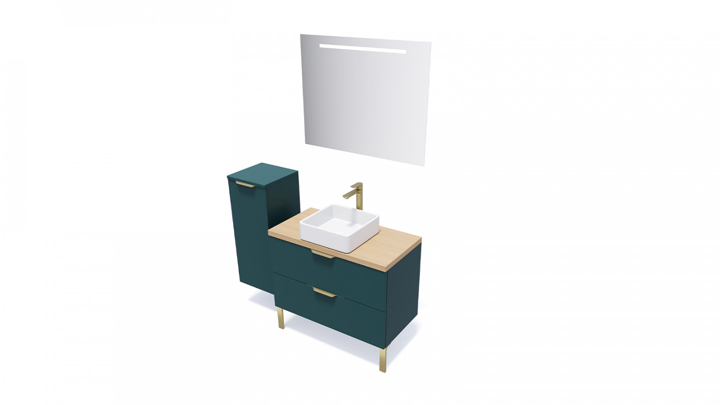 Meuble de salle de bain suspendu vasque à poser 90cm 2 tiroirs Bleu + miroir + colonne ouverture gauche - Swing