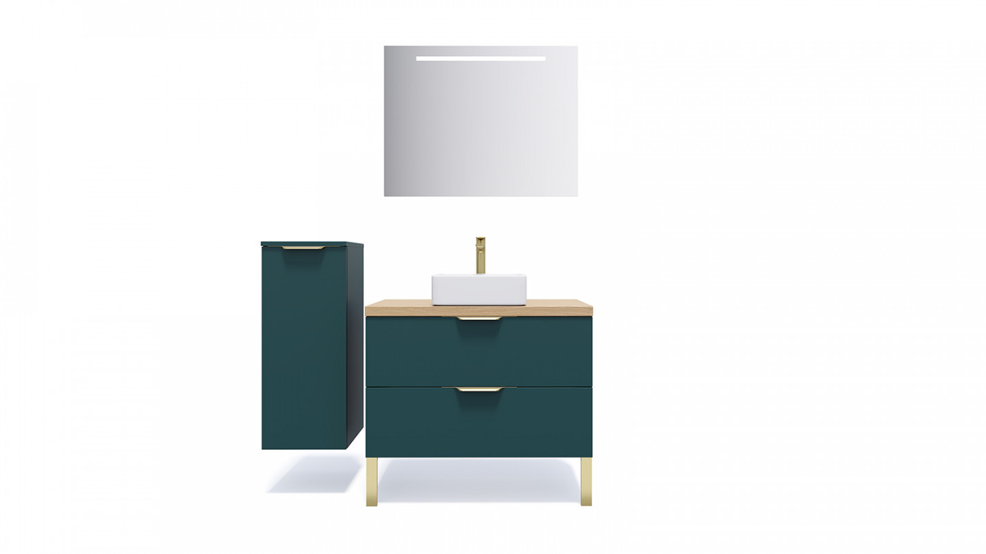 Meuble de salle de bain suspendu vasque à poser 90cm 2 tiroirs Bleu + miroir + colonne ouverture gauche - Swing