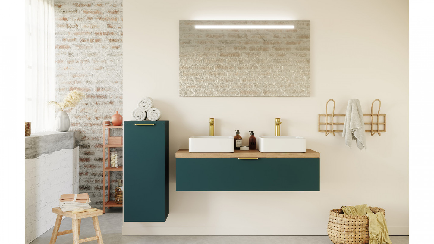 Meuble de salle de bain suspendu 2 vasques à poser 120cm 1 tiroir Bleu + miroir - Swing