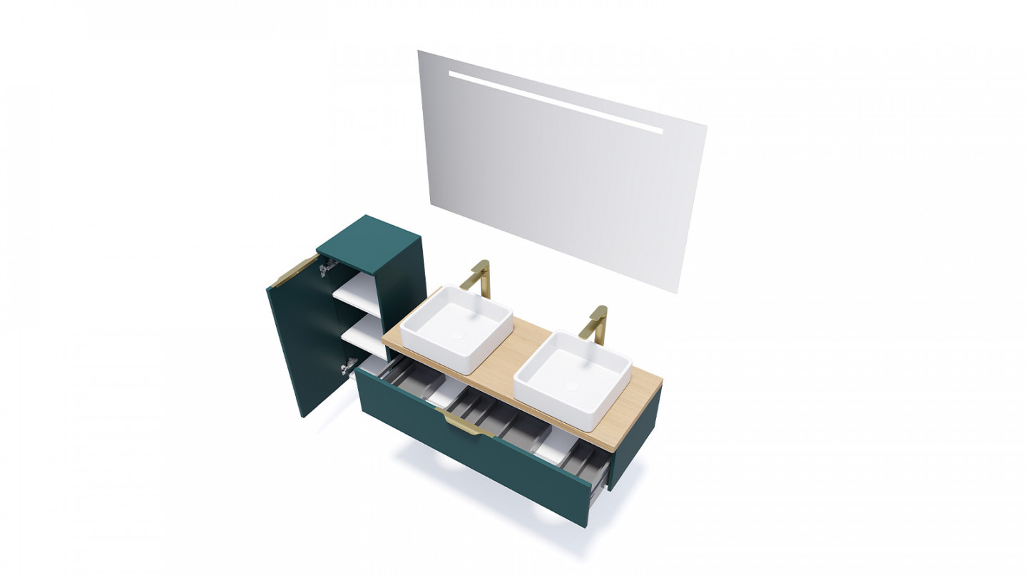 Meuble de salle de bain suspendu 2 vasques à poser 120cm 1 tiroir Bleu + miroir - Swing