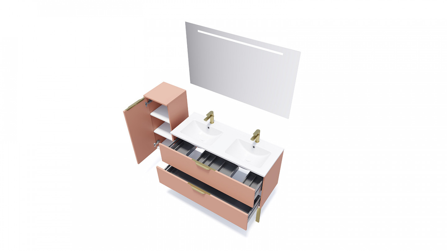 Meuble de salle de bain suspendu double vasque intégrée 120cm 2 tiroirs Abricot + miroir + colonne ouverture gauche - Swing