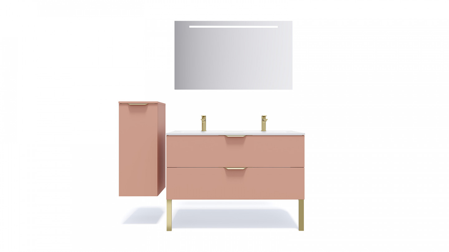 Meuble de salle de bain suspendu double vasque intégrée 120cm 2 tiroirs Abricot + miroir + colonne ouverture gauche - Swing