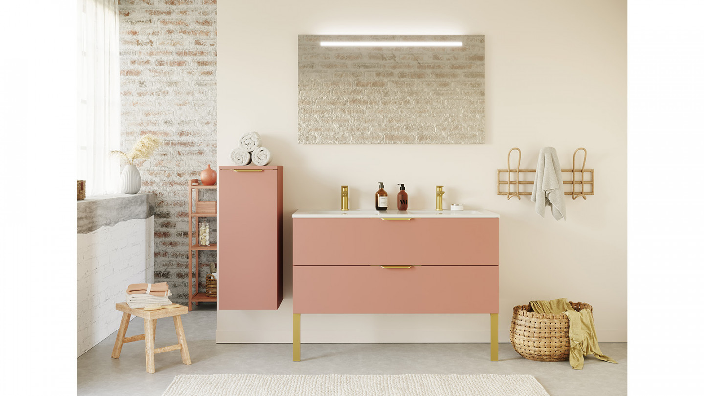 Meuble de salle de bain suspendu double vasque intégrée 120cm 2 tiroirs Abricot + miroir + colonne ouverture gauche - Swing