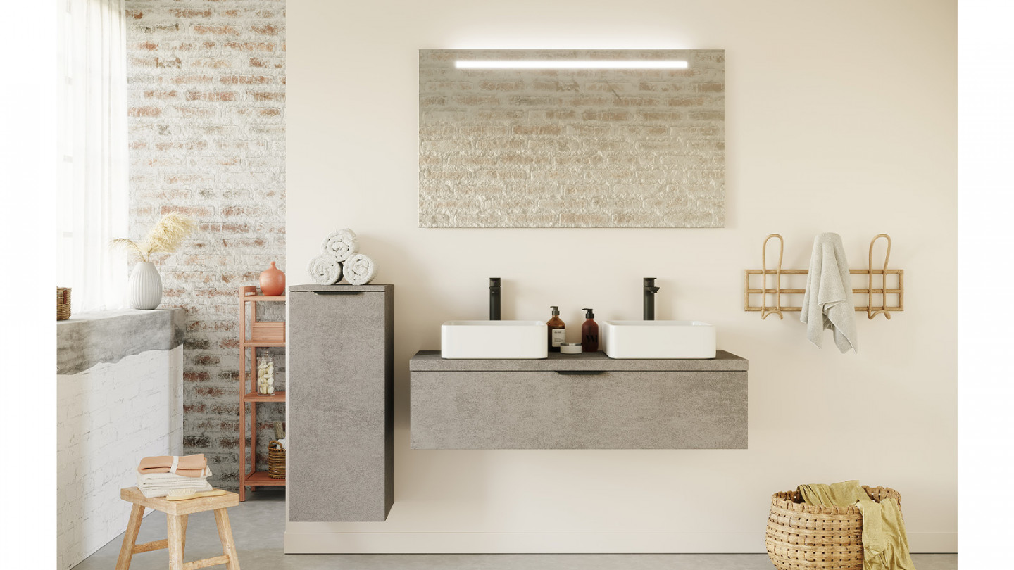 Meuble de salle de bain suspendu 2 vasques à poser 120cm 1 tiroir façon Béton + miroir + colonne ouverture gauche - Swing