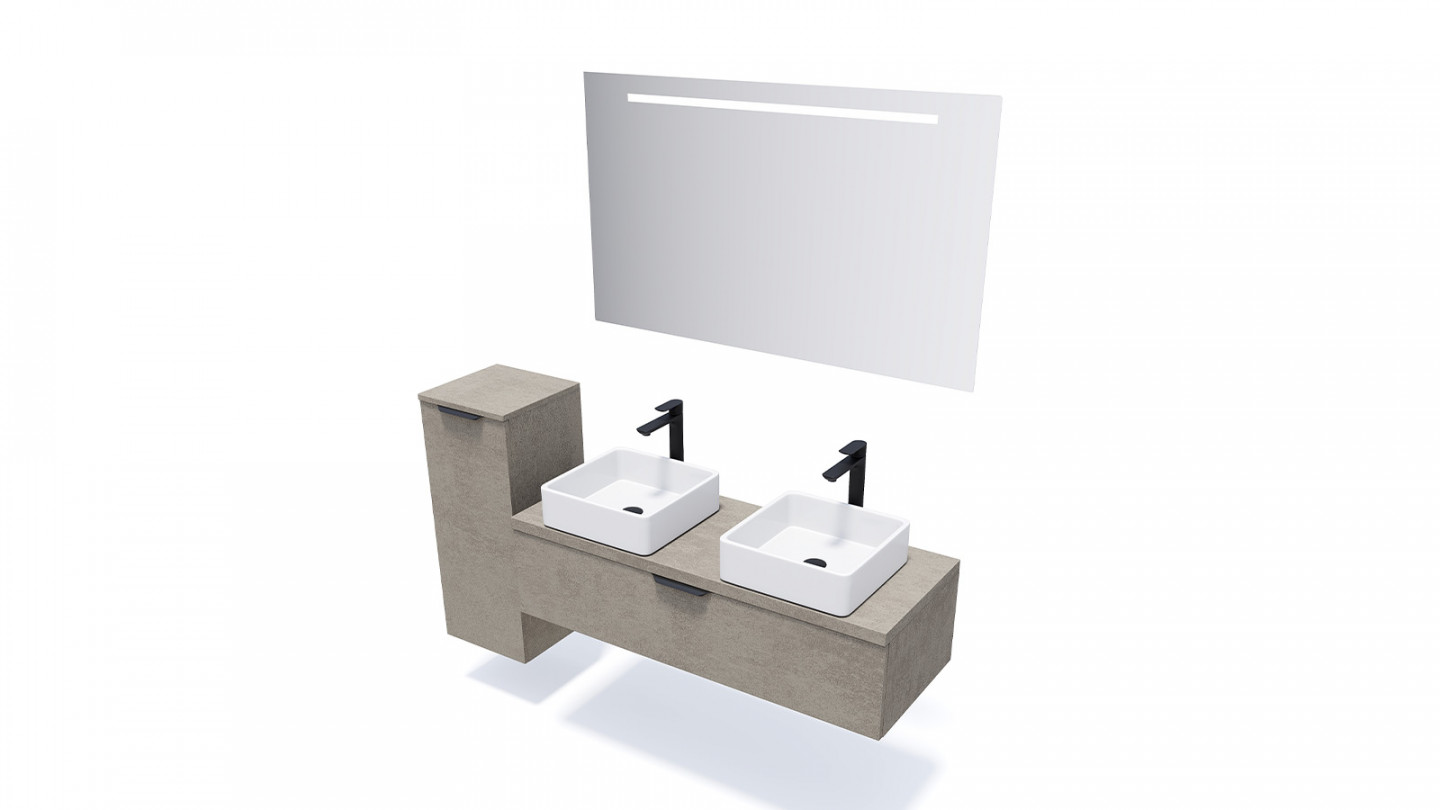 Meuble de salle de bain suspendu 2 vasques à poser 120cm 1 tiroir façon Béton + miroir + colonne ouverture gauche - Swing