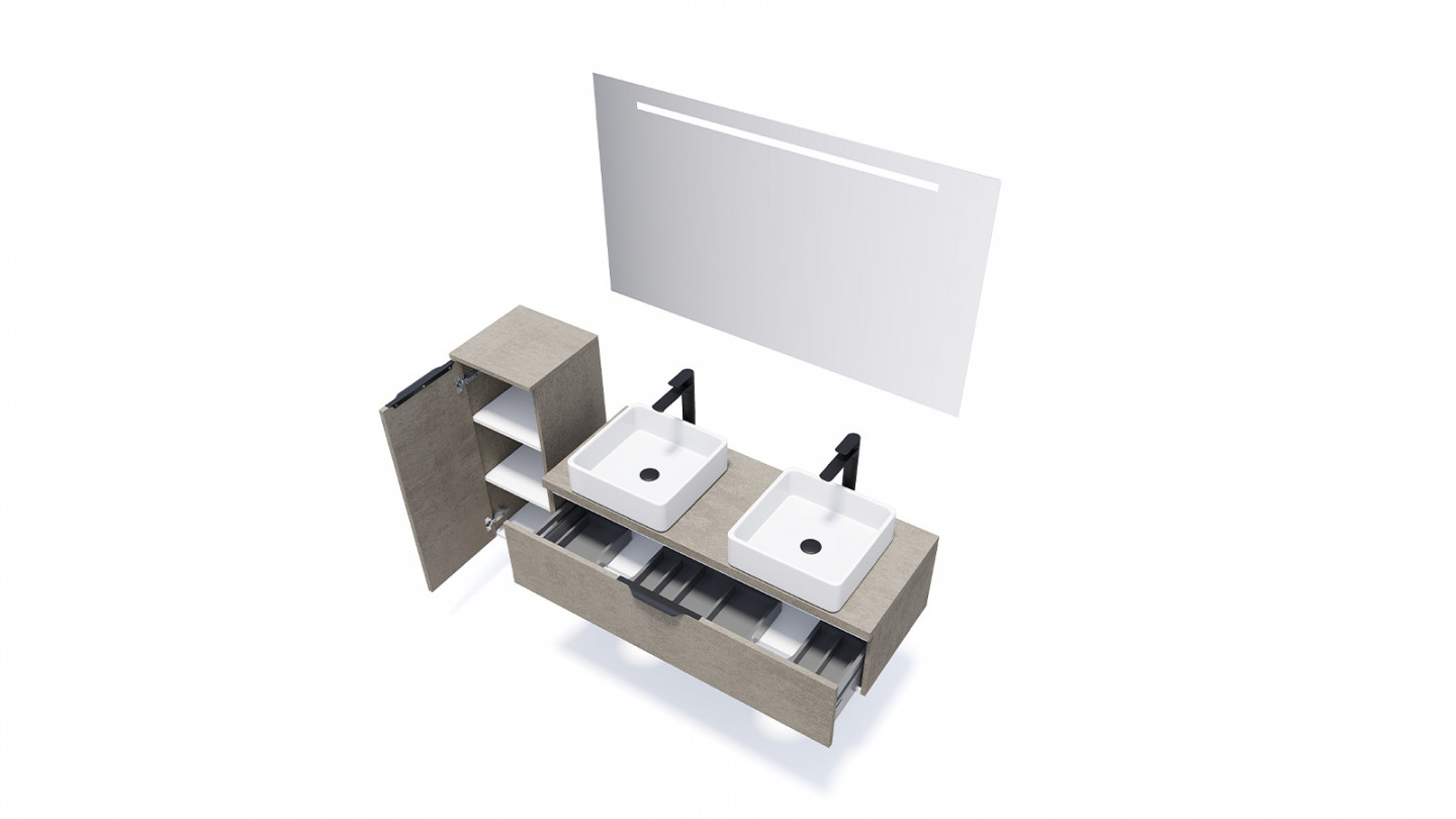 Meuble de salle de bain suspendu 2 vasques à poser 120cm 1 tiroir façon Béton + miroir + colonne ouverture gauche - Swing