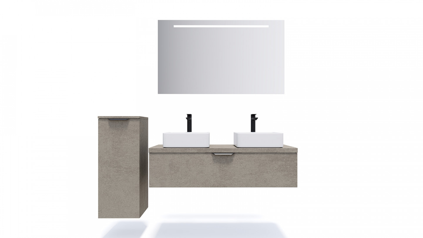 Meuble de salle de bain suspendu 2 vasques à poser 120cm 1 tiroir façon Béton + miroir + colonne ouverture gauche - Swing