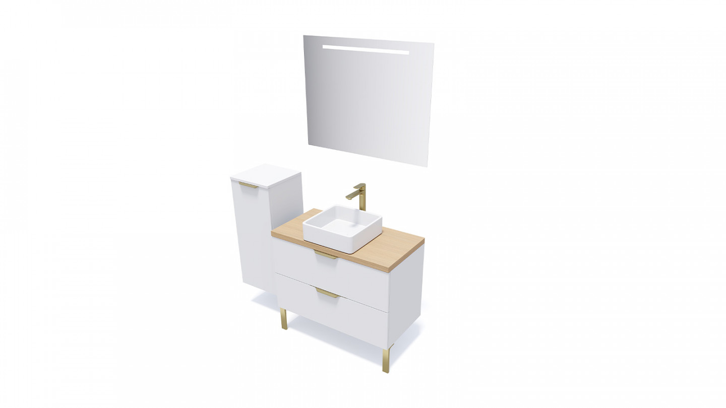 Meuble de salle de bain suspendu vasque à poser 90cm 2 tiroirs Blanc + miroir - Swing