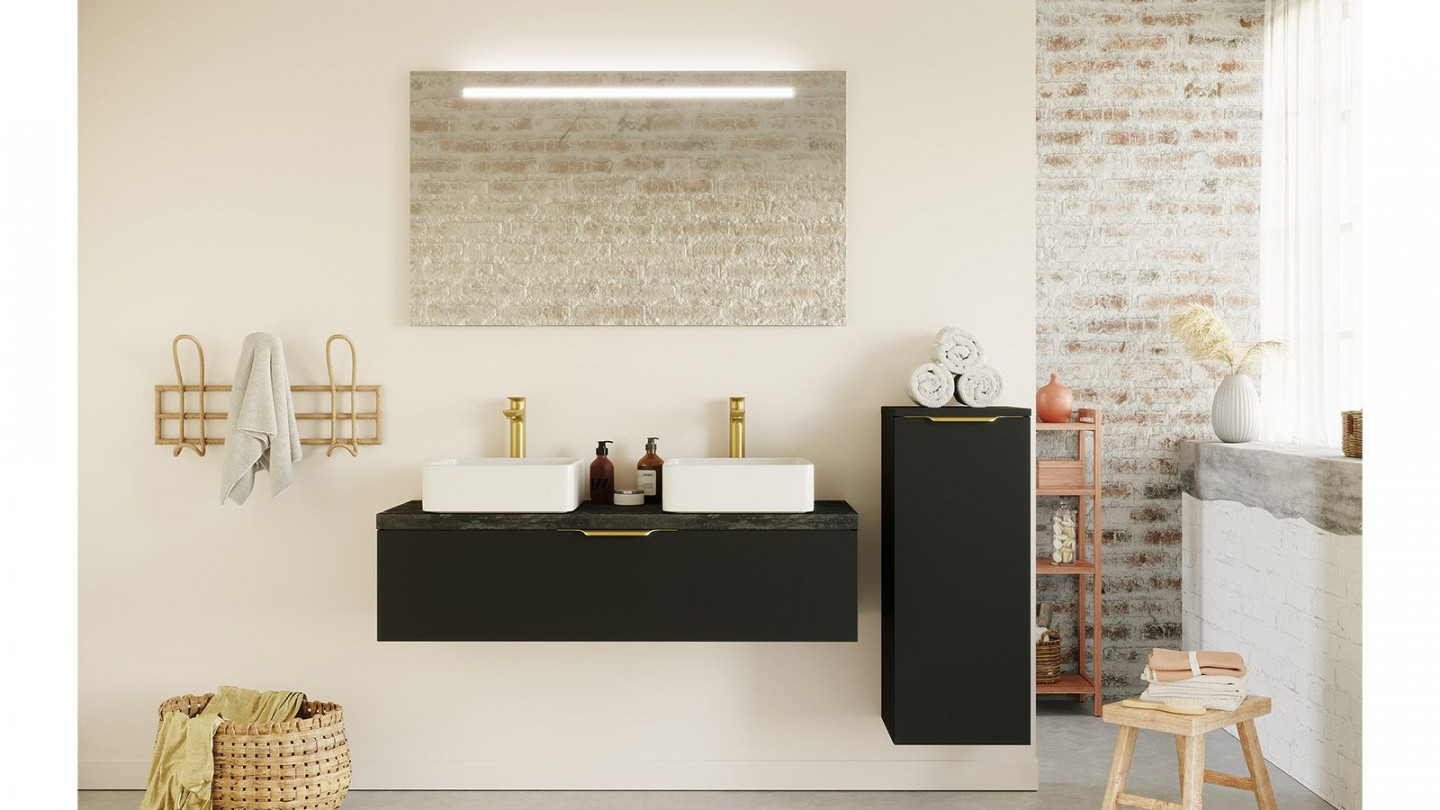 Meuble de salle de bain suspendu 2 vasques à poser 120cm 1 tiroir Noir + miroir + colonne ouverture droite - Swing