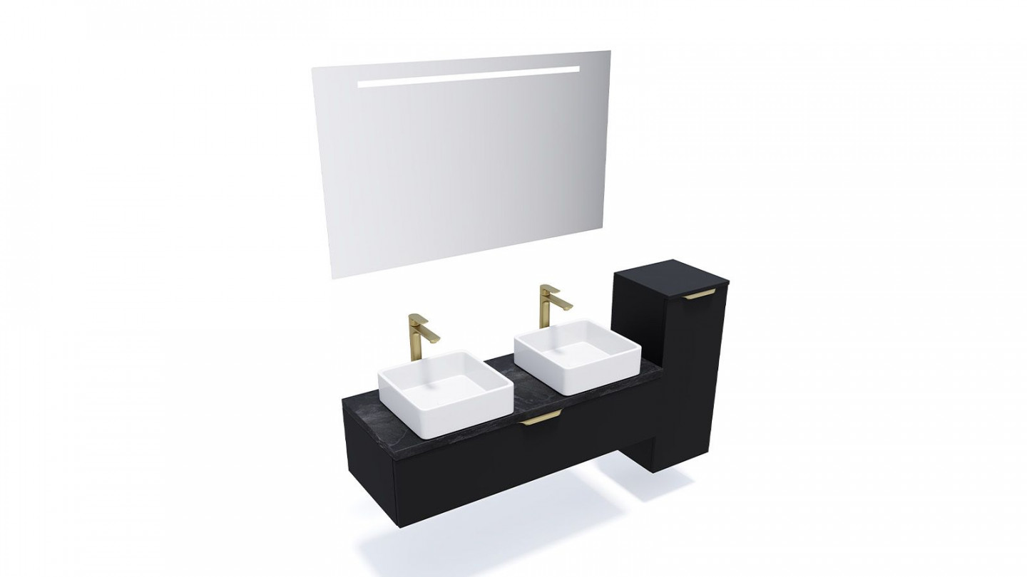 Meuble de salle de bain suspendu 2 vasques à poser 120cm 1 tiroir Noir + miroir + colonne ouverture droite - Swing