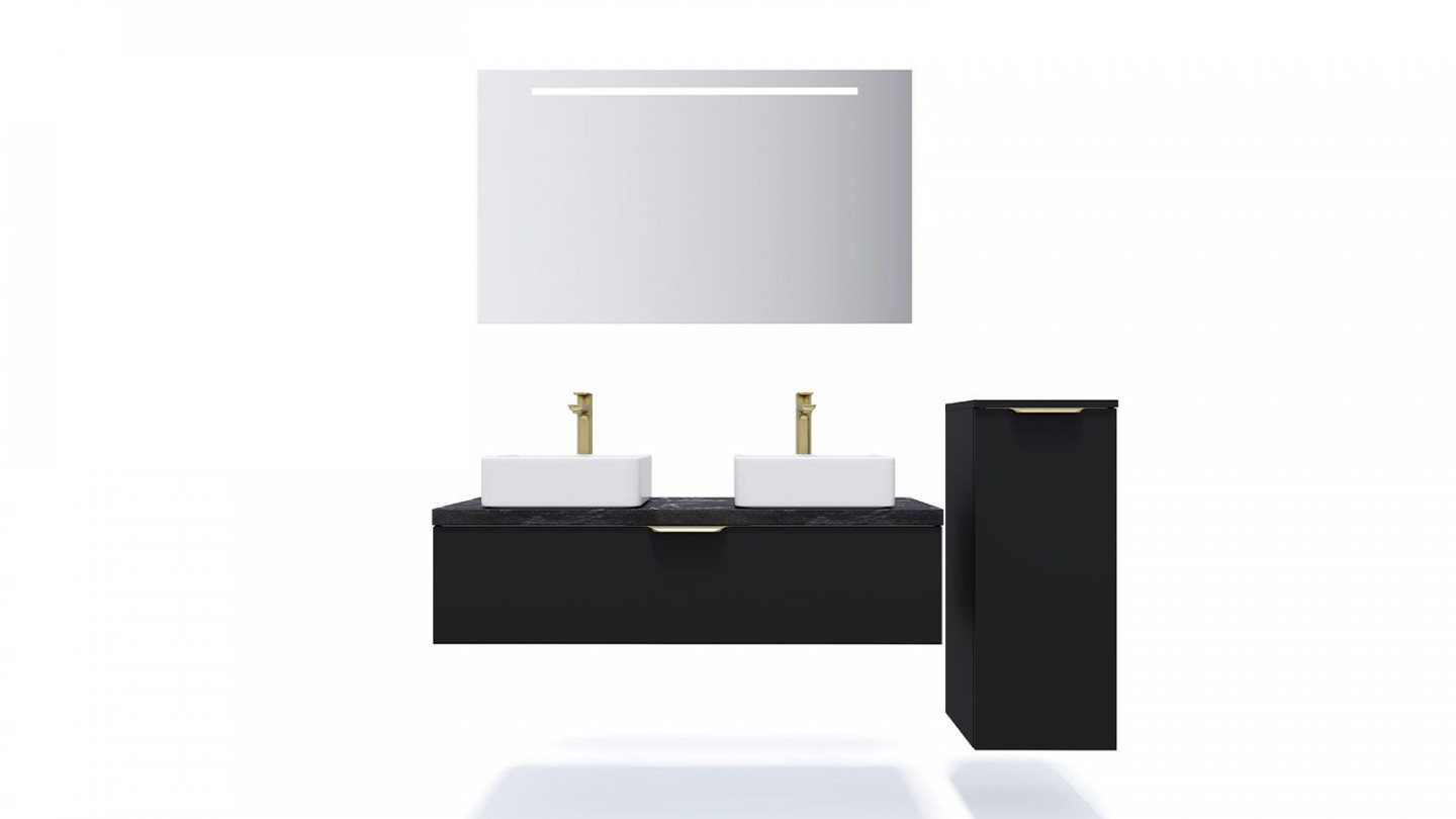 Meuble de salle de bain suspendu 2 vasques à poser 120cm 1 tiroir Noir + miroir + colonne ouverture droite - Swing