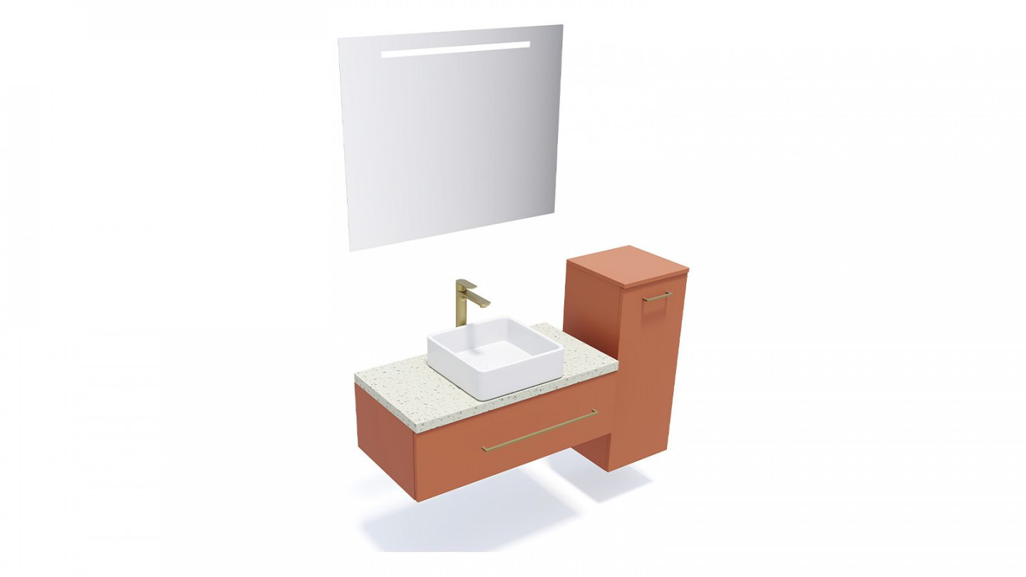 Meuble de salle de bain suspendu vasque à poser 90cm 1 tiroir Terracotta + miroir + colonne ouverture droite - Osmose