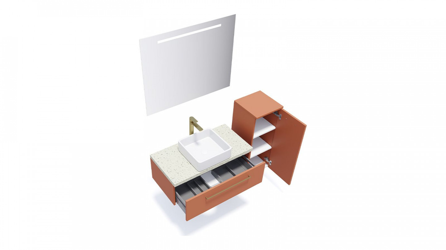 Meuble de salle de bain suspendu vasque à poser 90cm 1 tiroir Terracotta + miroir + colonne ouverture droite - Osmose