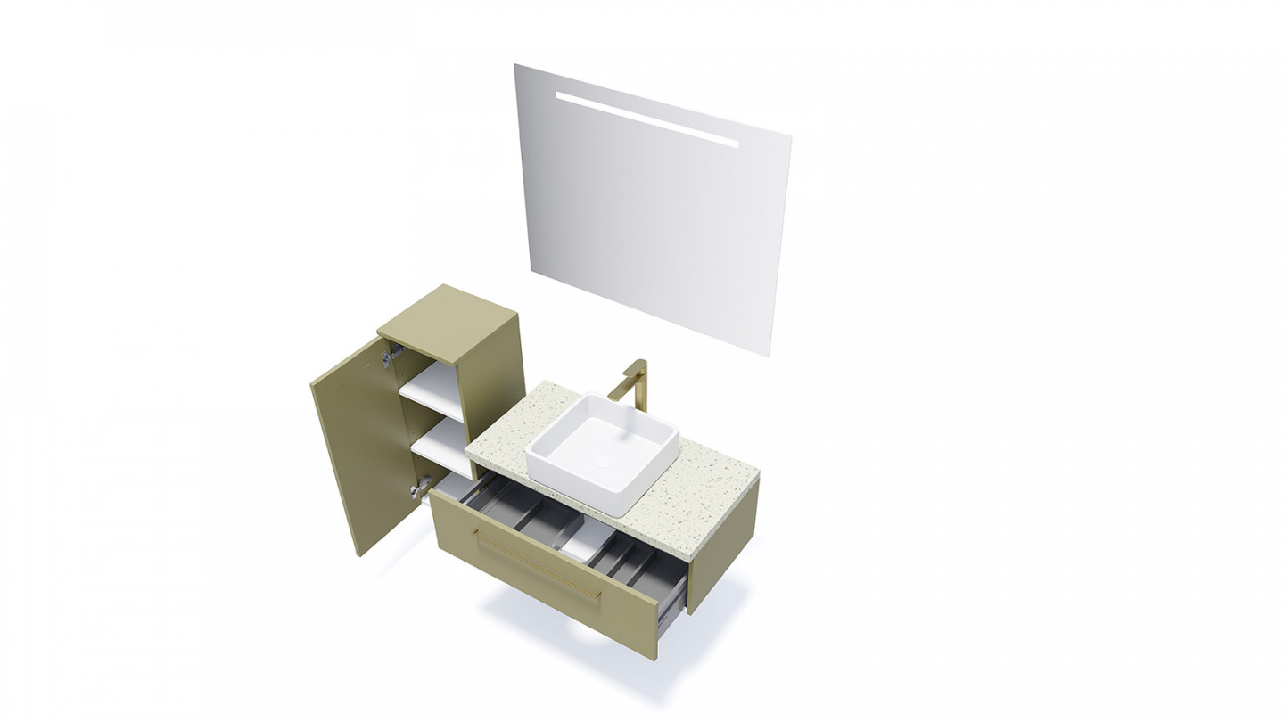 Meuble de salle de bain suspendu vasque à poser 90cm 1 tiroir Vert olive + miroir + colonne ouverture gauche - Osmose