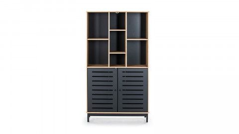Bibliothèque 2 portes 7 niches noir / effet bois 90 cm - Rosa