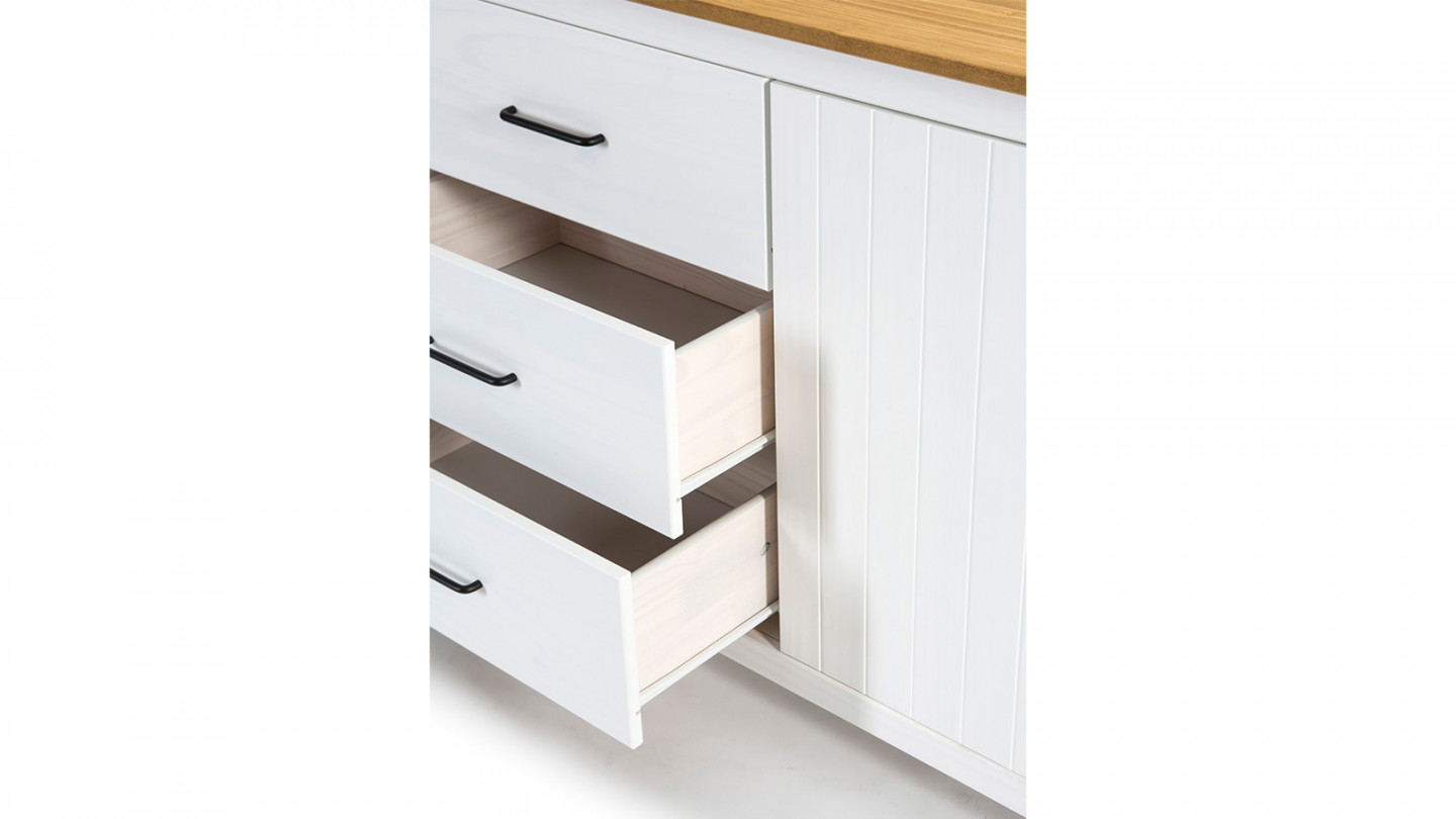Buffet 3 portes 3 tiroirs en pin massif blanc 190 cm - Ida