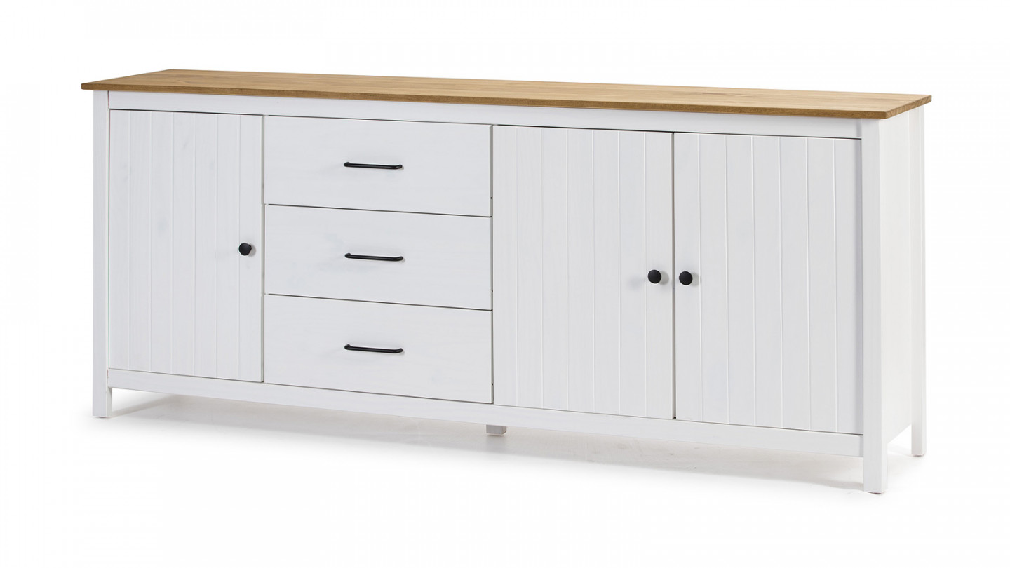 Buffet 3 portes 3 tiroirs en pin massif blanc 190 cm - Ida