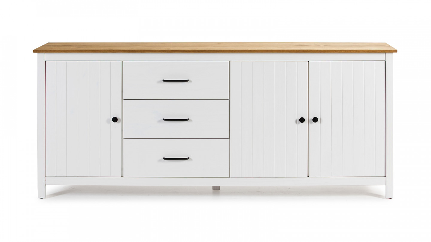 Buffet 3 portes 3 tiroirs en pin massif blanc 190 cm - Ida