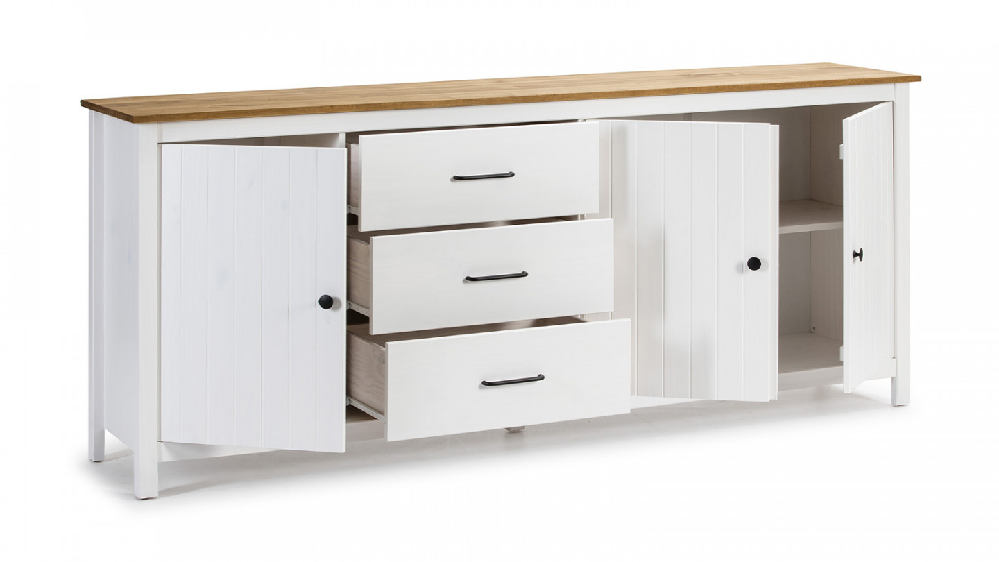 Buffet 3 portes 3 tiroirs en pin massif blanc 190 cm - Ida