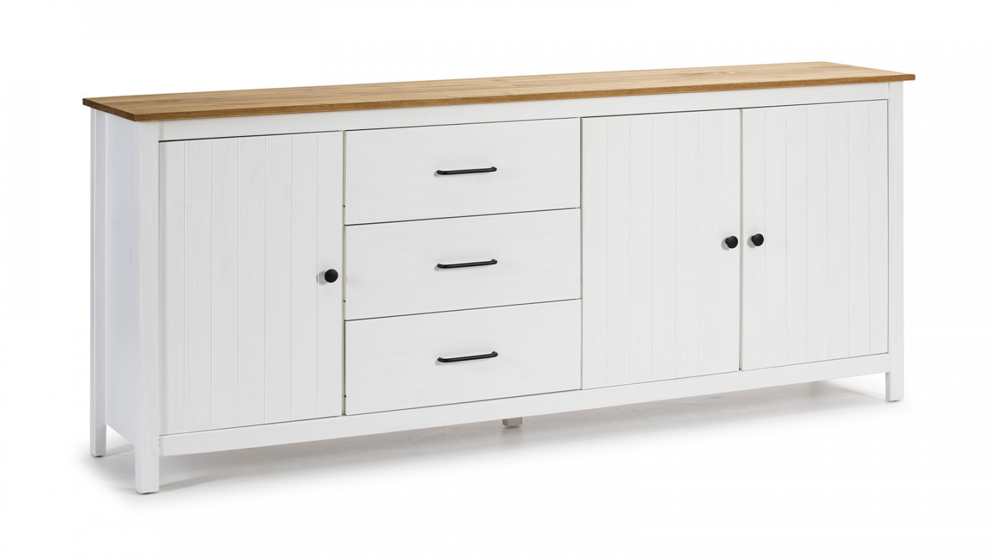 Buffet 3 portes 3 tiroirs en pin massif blanc 190 cm - Ida