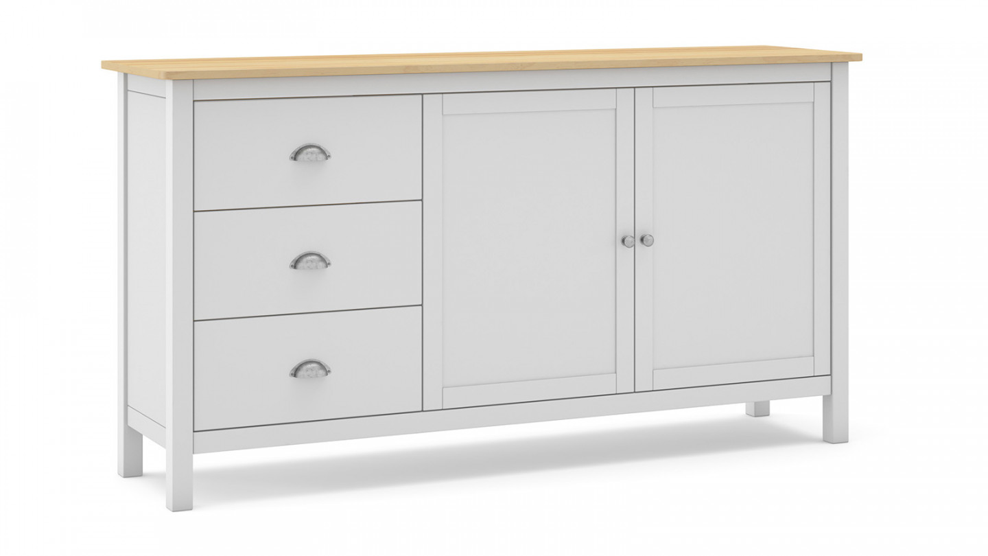 Buffet 2 portes 3 tiroirs en pin massif blanc / effet chêne 150 cm - Macha