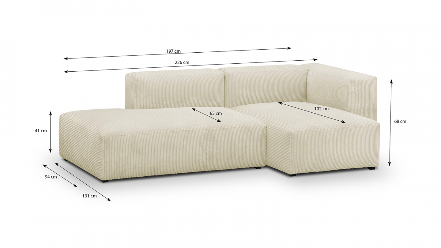 Canapé d'angle à droite modulable avec méridienne 3/4 places en velours côtelé beige - Modulo
