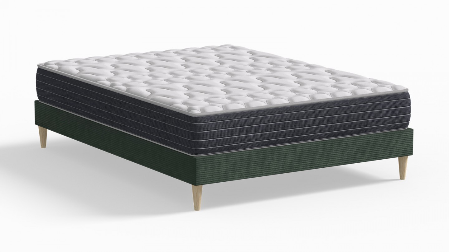 Ensemble lit adulte 180x200 cm en velours côtelé vert Dina + Matelas mémoire de forme Memo HR