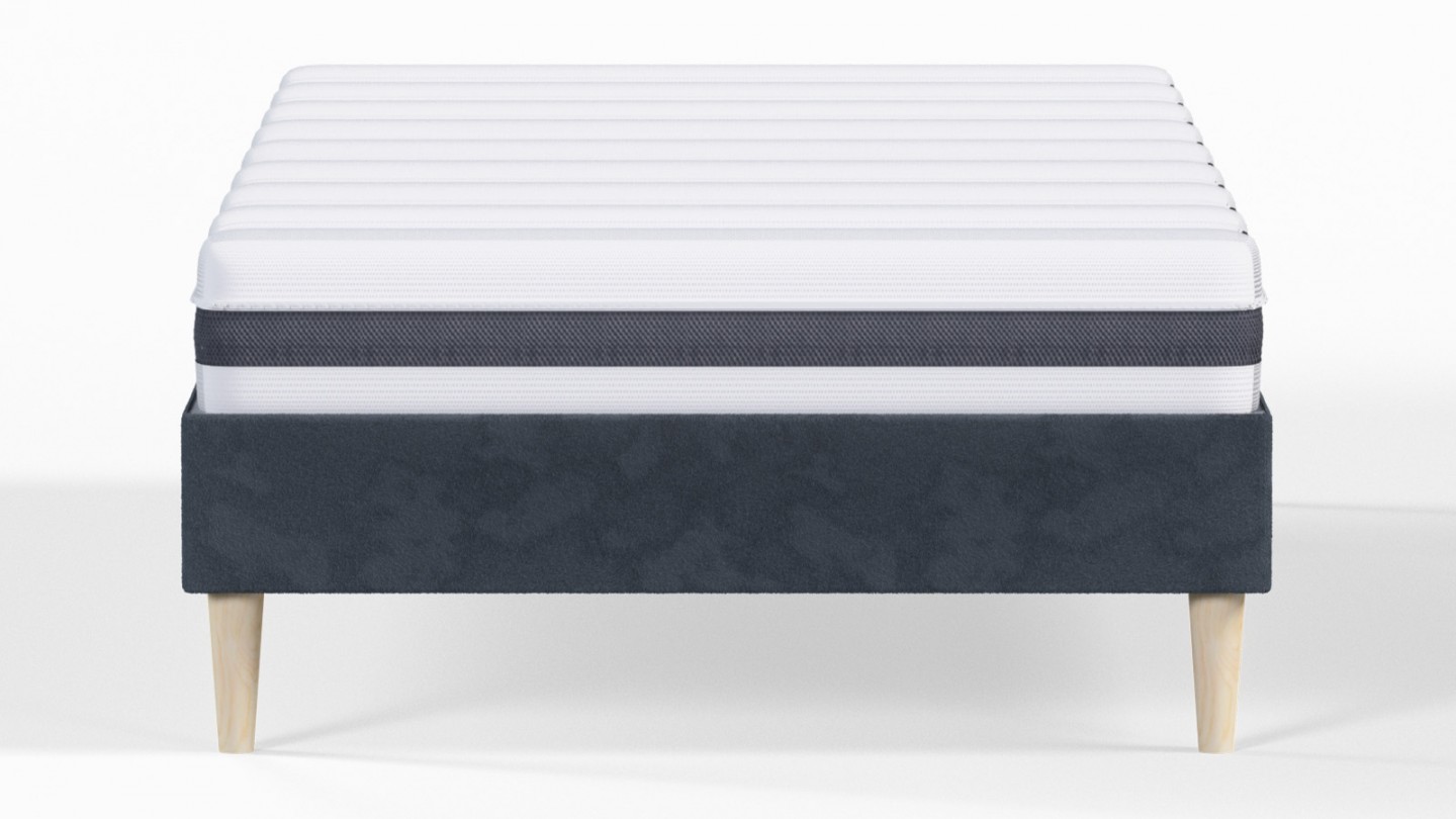 Ensemble lit adulte 90x190 cm en velours bleu nuit Dina + Matelas ressorts ensachés Mousse HR