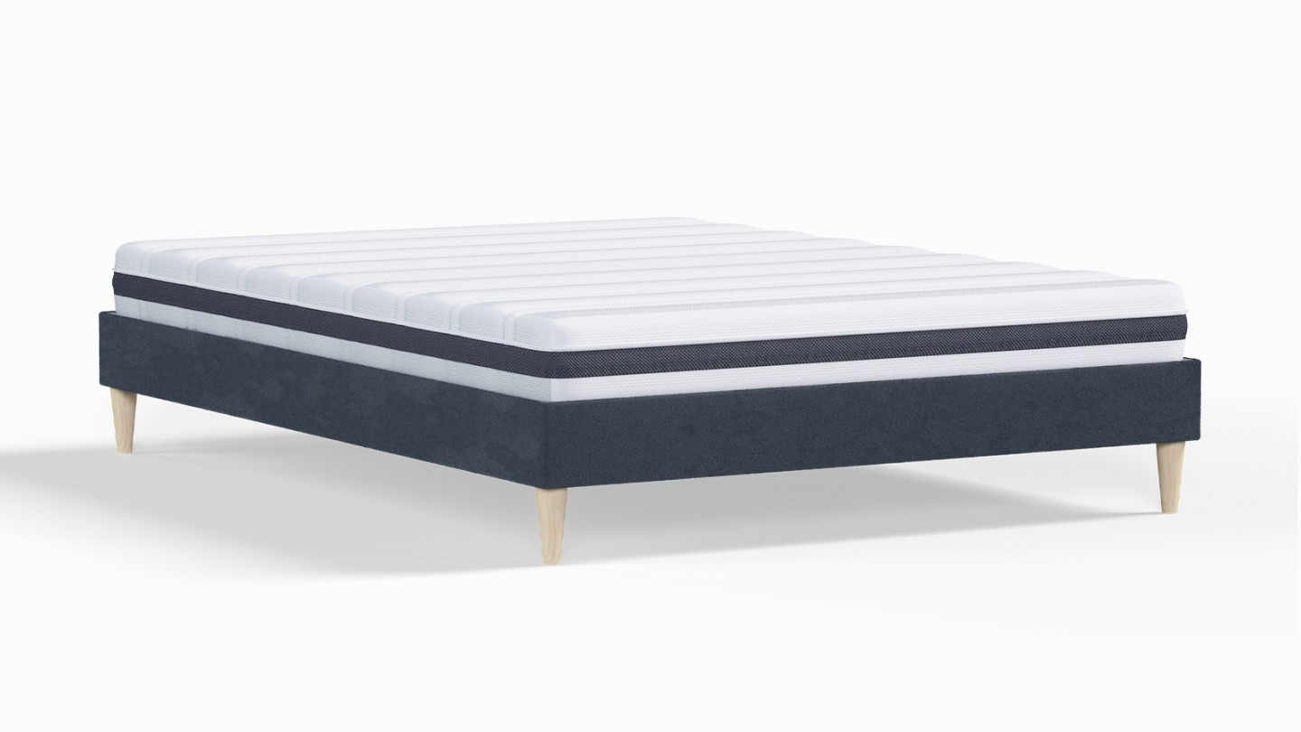 Ensemble lit adulte 160x200 cm en velours bleu nuit Dina + Matelas ressorts ensachés Mousse HR