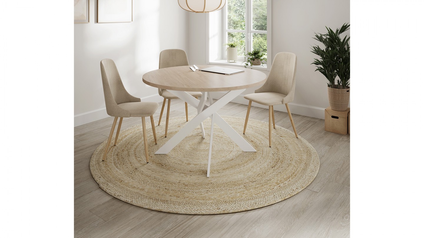 Table à manger ronde effet bois et blanc 4 personnes 120 cm - Calvin
