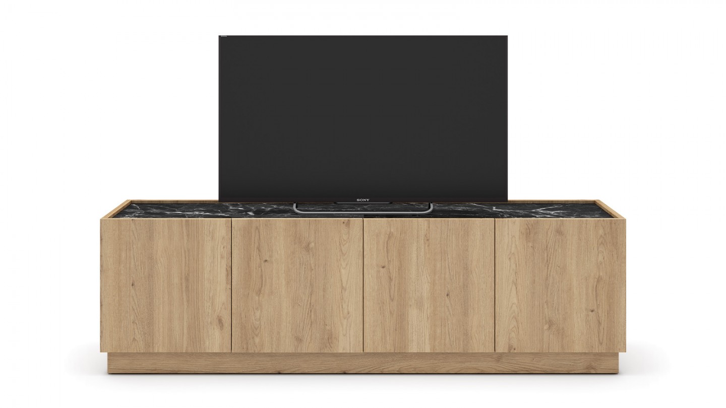 Meuble TV 4 portes effet bois et marbre noir 160 cm - Dilan